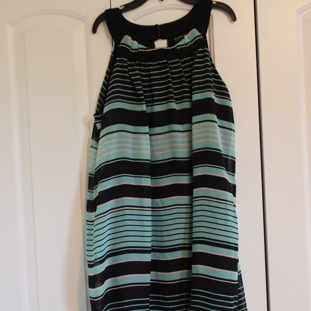 En Focus Petite Black and Aqua Striped Scoop Neck Sleeveless Swing Dress Size 14